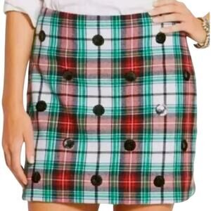 Vineyard Vines Wool Blend Plaid Sequin Mini Skirt Red Green Black Holiday Size 2